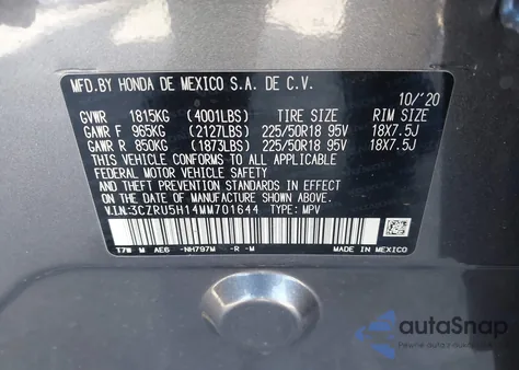 2021 Honda Hr-V 2Wd Sport из США, поврежденный, VIN 3CZRU5H14MM701644